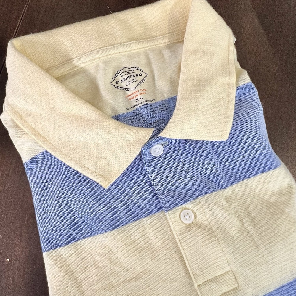 St. John's Bay Men's Polo Shirt‎ XL Yellow Blue Stripe Comfort Flex Cotton Blend